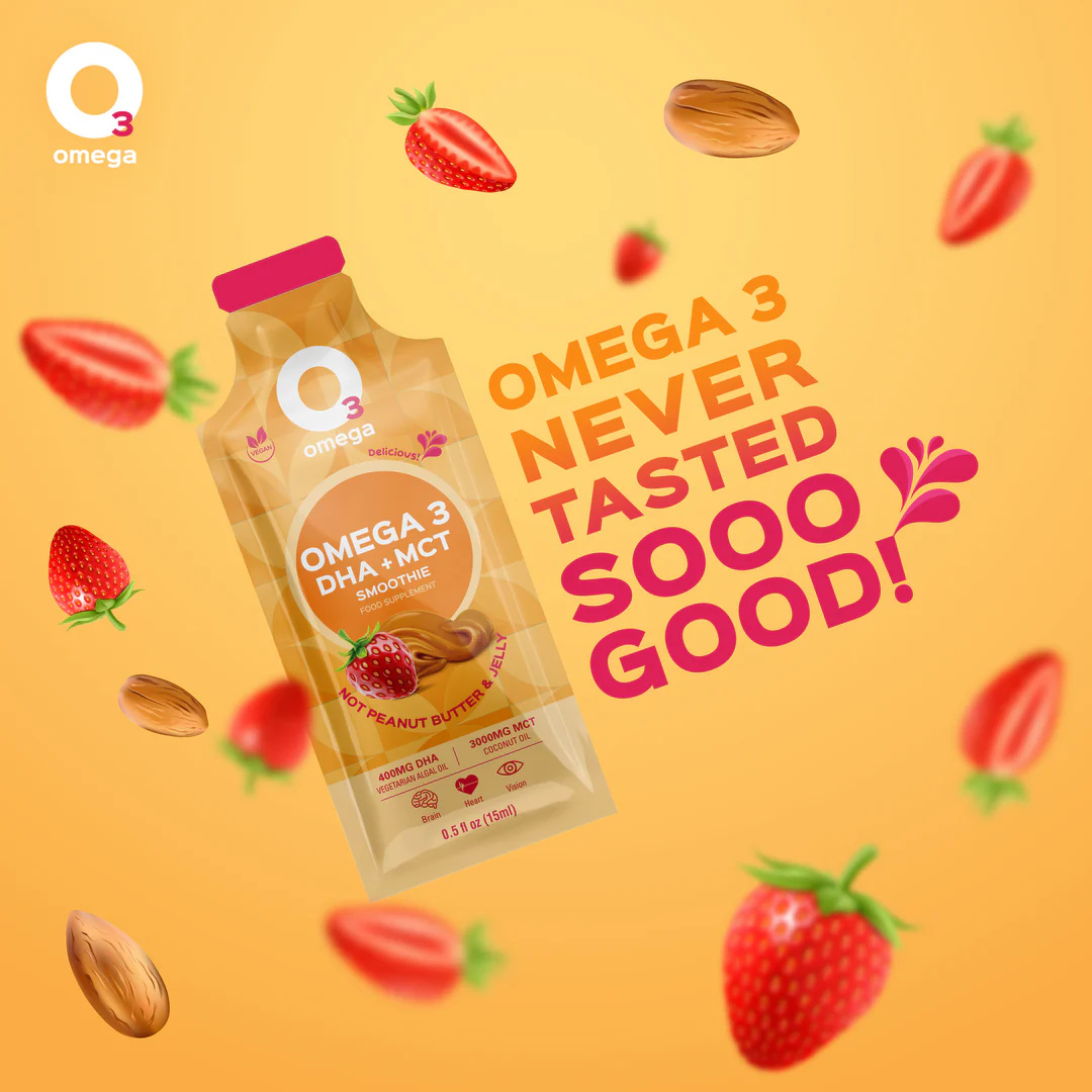I need Shorter describe...one sentence is optimal  Vegan O3 Omega 3 DHA and MCT Smoothie Sachet, Not Peanut Butter & Jelly flavor (15ml), shown with floating strawberries and almonds on a light orange background as part of a product ad.